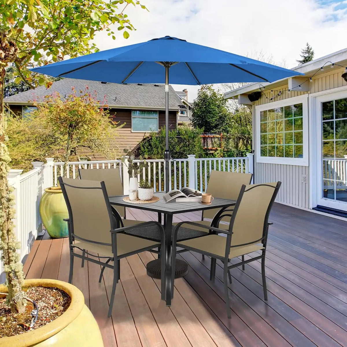 SUNCROWN 6 - Piece Outdoor Dining Set, Patio Furniture Set with 4 Textilene Dinning Chairs, 1 Steel Slat Metal Bistro Table and 1 Dark Blue 9Ft Patio Umbrella for Lawn Garden Backyard Deck, Brown