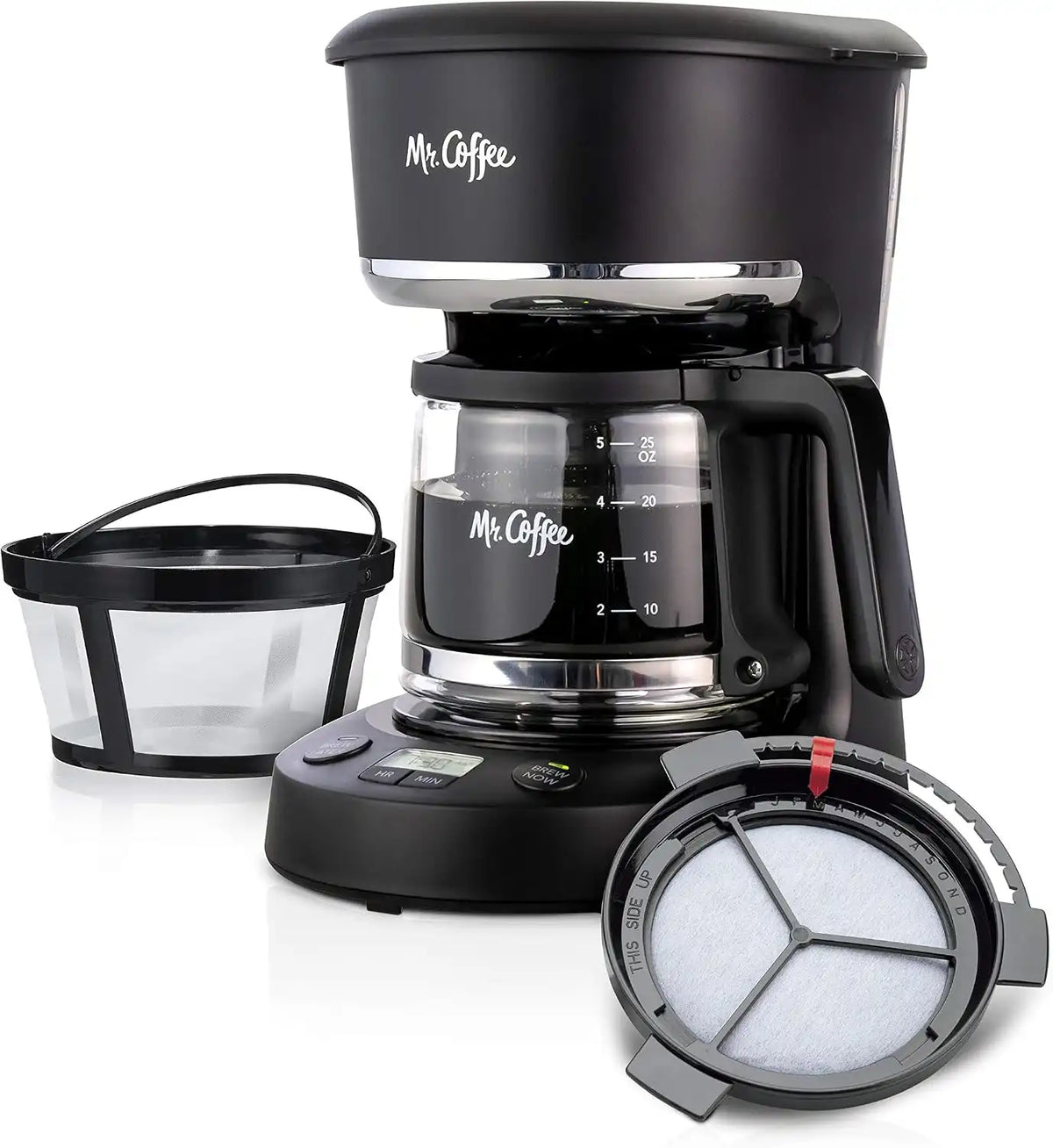 Mr. Coffee Programmable Coffee Maker 5 Cups with Auto Pause Glass Carafe Compact Design Black
