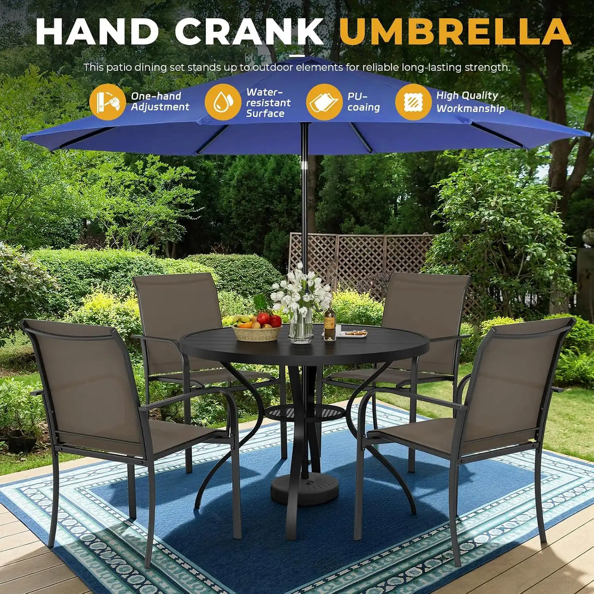 SUNCROWN 6 - Piece Outdoor Dining Set, Patio Furniture Set with 4 Textilene Dinning Chairs, 41" Metal Round Table and 1 Dark Blue 9Ft Patio Umbrella for Lawn Garden Backyard Deck, Brown