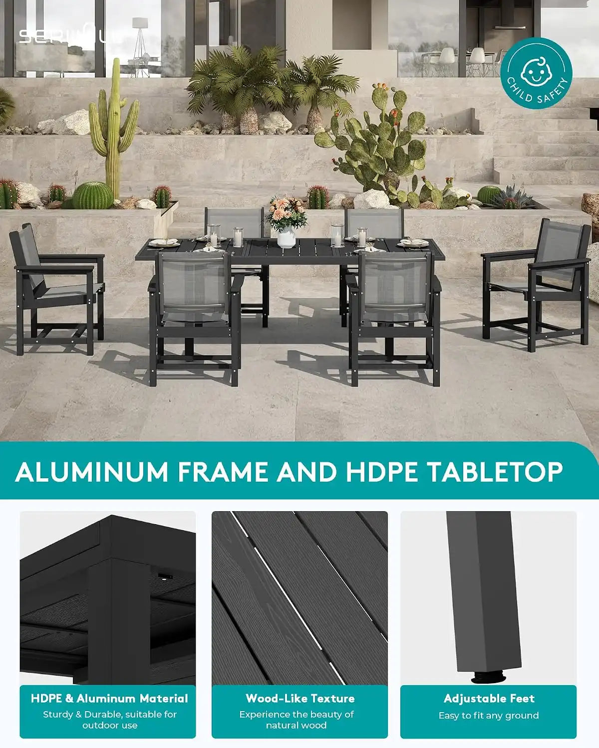 SERWALL HDPE Outdoor Dining Set for 8 with Textilene Chairs, Black