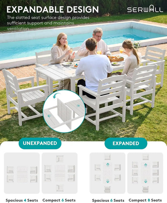 SERWALL 60" - 83" Expandable Outdoor Dining Table and 6 HDPE Chairs, White