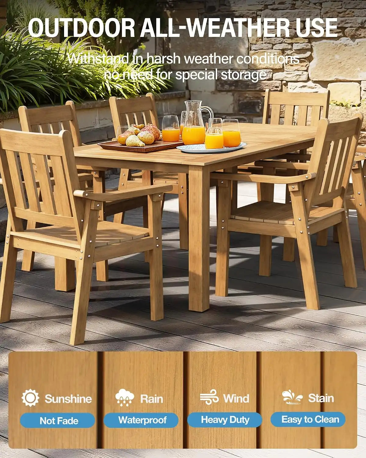YEFU Outdoor Patio Chairs Set of 2, Weather Resistant HIPS, Teak