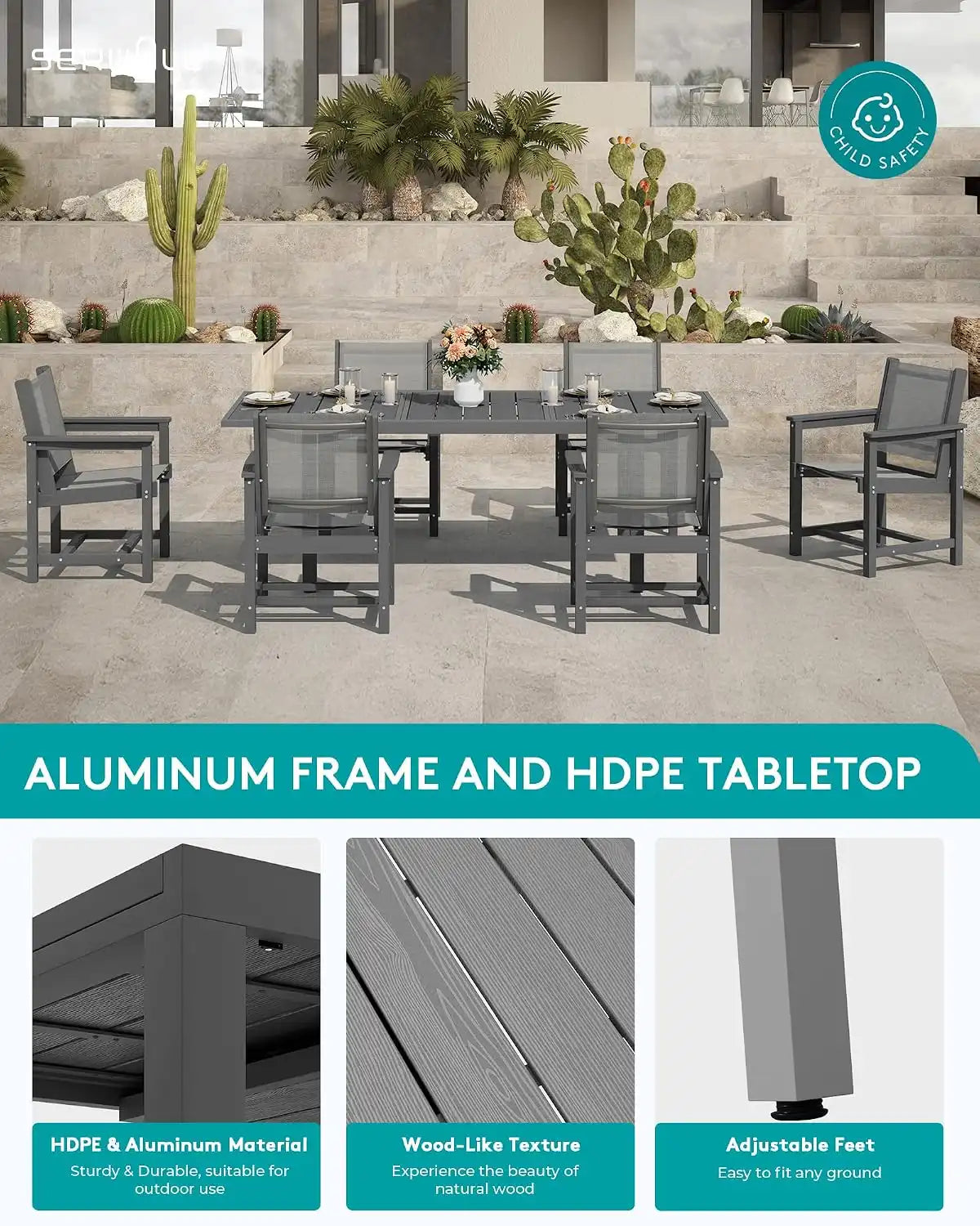 SERWALL HDPE Outdoor Dining Set for 8 with Textilene Chairs, Grey