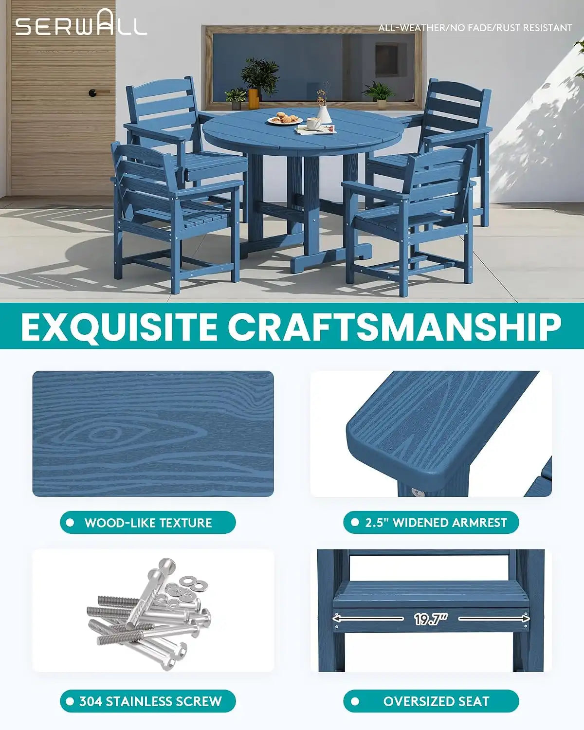 SERWALL 6-Pc Dining Set, 45" Table, 4 Chairs&9FT Umbrella, Navy (No Base)