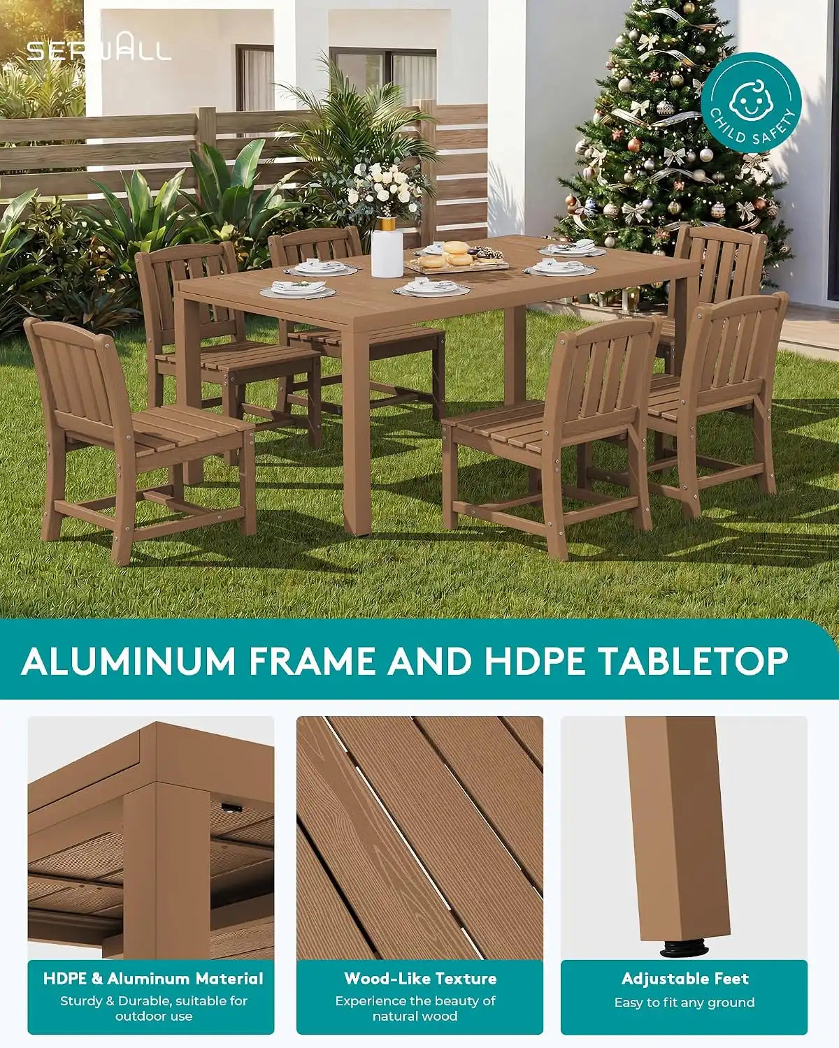 SERWALL Outdoor Patio Dining Set for 8, Brown