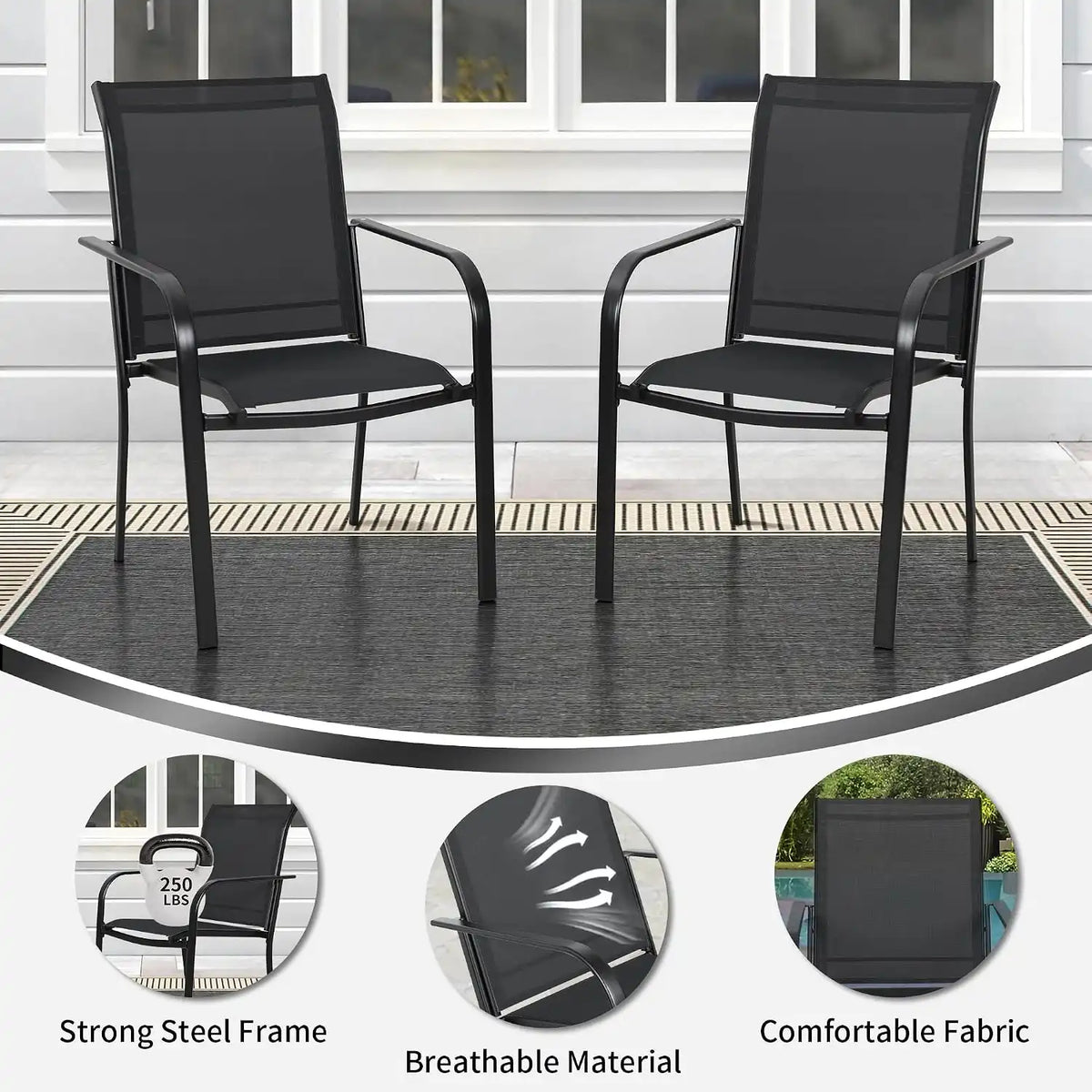 SUNCROWN 8 - Piece Outdoor Dining Set, Patio Furniture Set with 6 Textilene Dinning Chairs, 53" Metal Round Table and 1 Dark Blue 9Ft Patio Umbrella for Lawn Garden Backyard Deck, Black