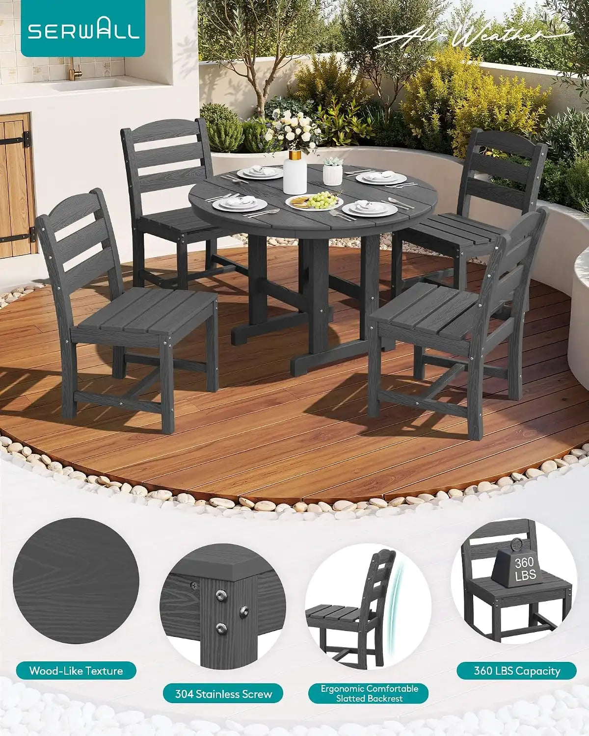 SERWALL 5-Piece Patio Dining Set, 45" Table & 4 Armless Chairs, Grey
