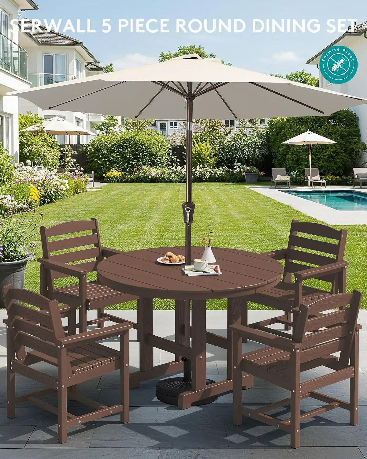 SERWALL 5-Piece HDPE Round Dining Set, 45" Table, 4 Chairs, Coffee