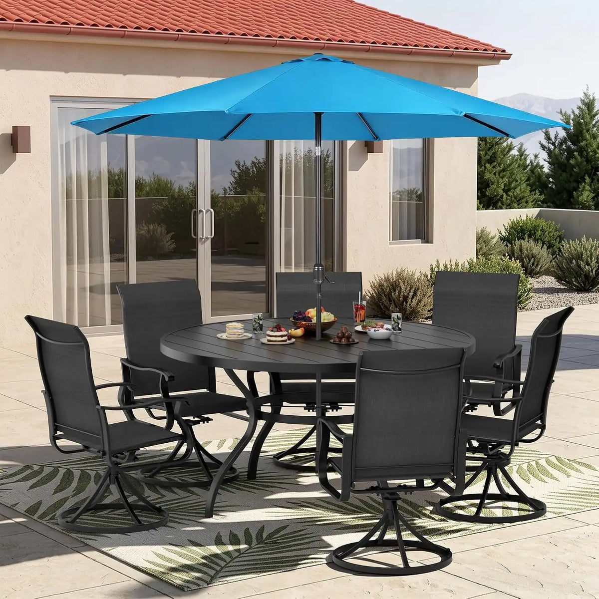 SUNCROWN 8-Piece Outdoor Dining Set, All Weather Patio Furniture Sets with 6 Black Swivel Textilene Mesh Chairs & Round Metal Table & 1 Light Blue 9Ft Umbrella for Deck Garden Backyard Poolside