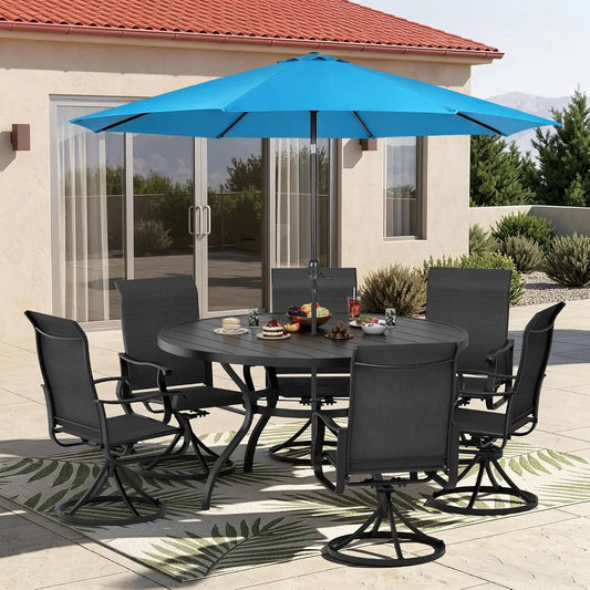 SUNCROWN 8-Piece Outdoor Dining Set, All Weather Patio Furniture Sets with 6 Black Swivel Textilene Mesh Chairs & Round Metal Table & 1 Light Blue 9Ft Umbrella for Deck Garden Backyard Poolside