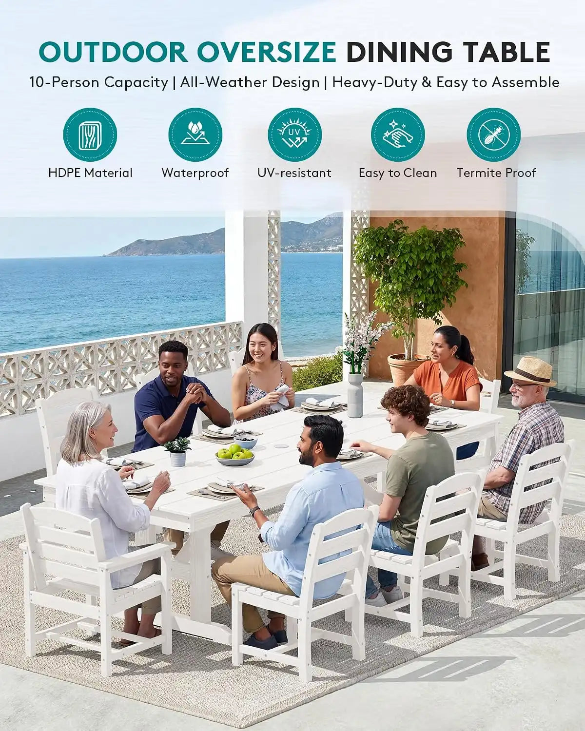SERWALL 9Pcs HDPE Outdoor Dining Set w/6 Armless, 2 Armchairs for 8,White