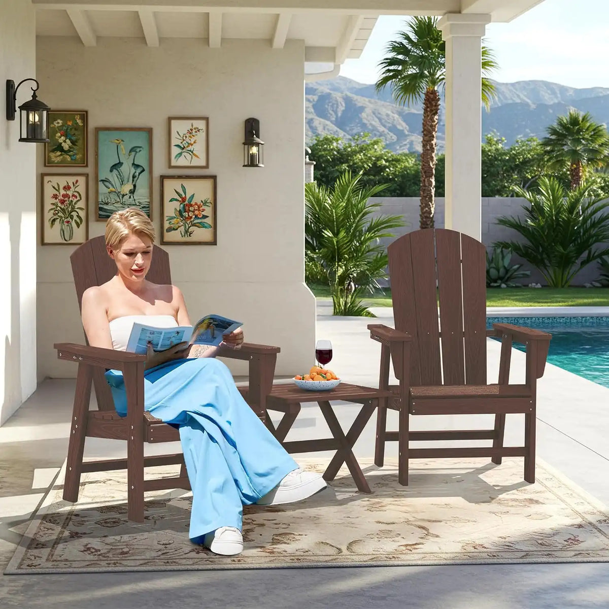 SERWALL Outdoor Adirondack Dining Chair Set of 2, All Weather HDPE, Coffee