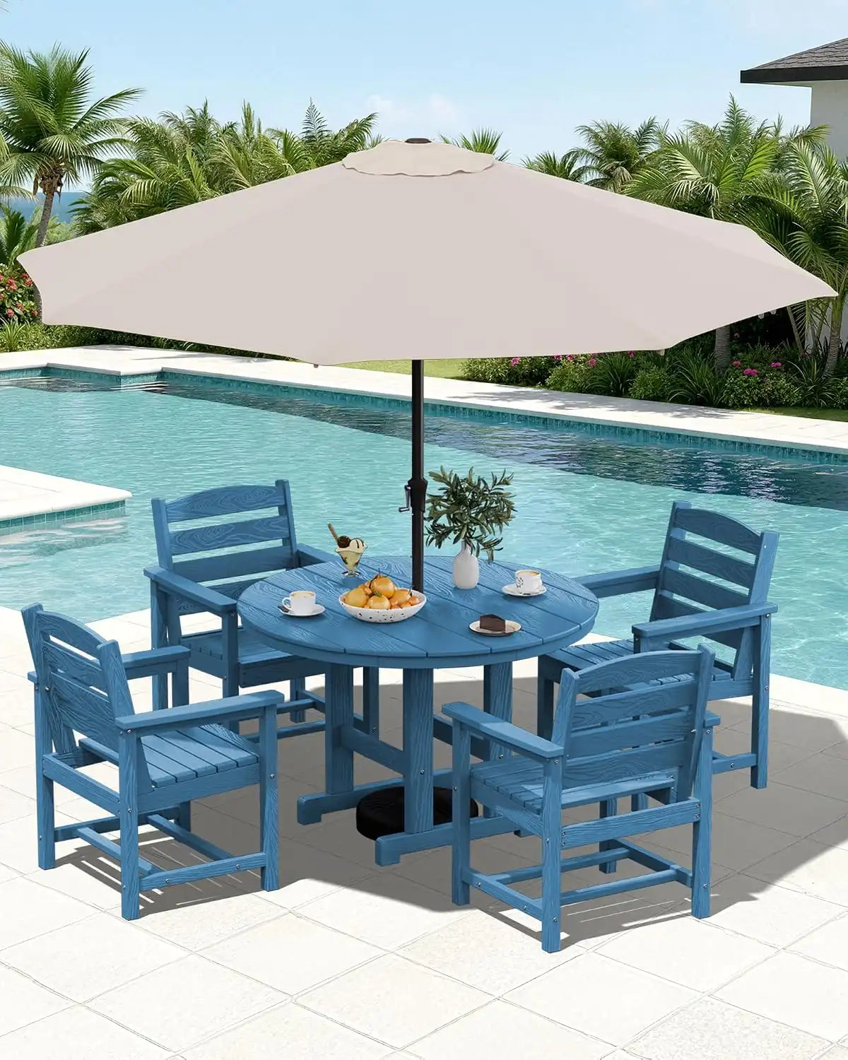 SERWALL 6-Pc Dining Set, 45" Table, 4 Chairs&9FT Umbrella, Navy (No Base)