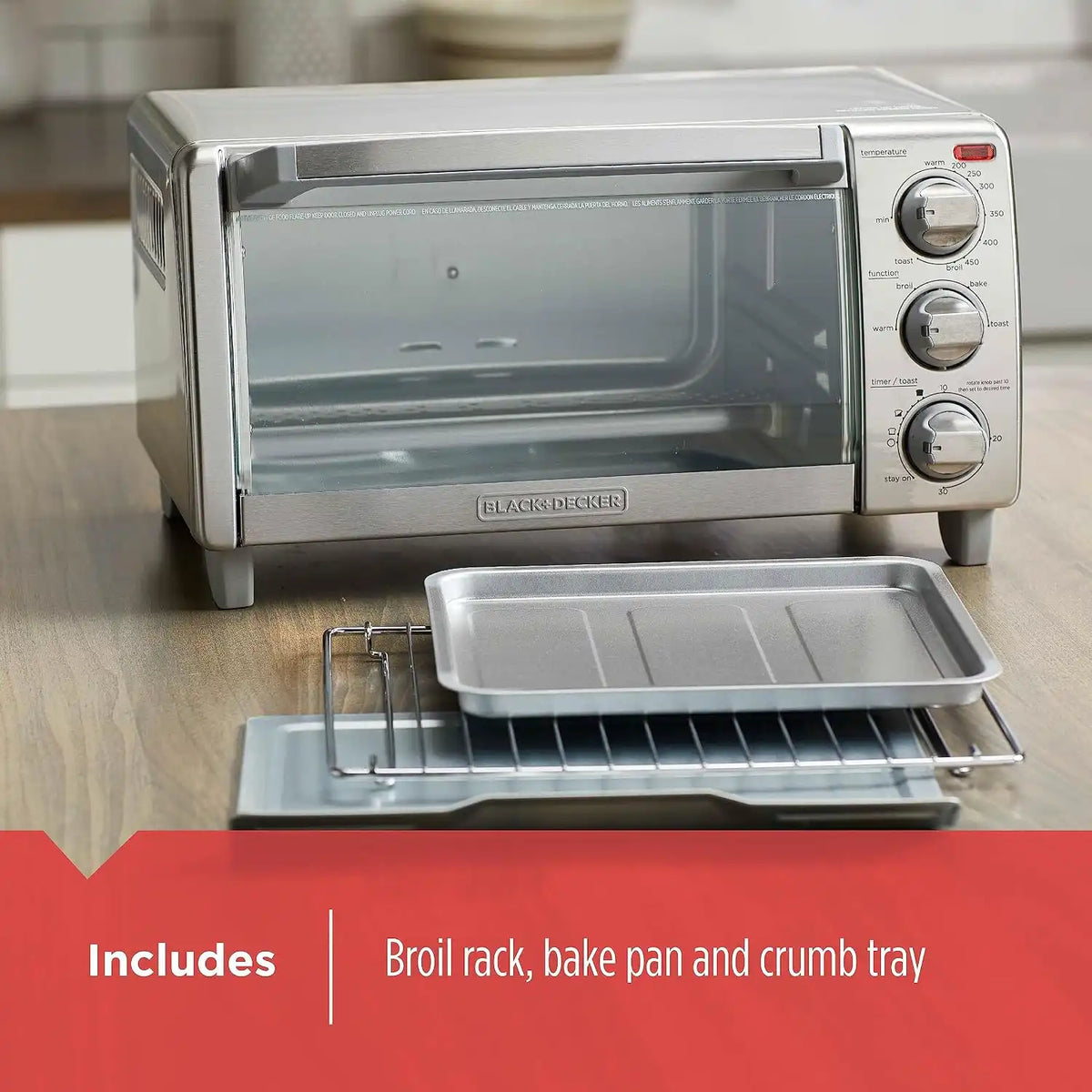 BLACK+DECKER 4-Slice Toaster Oven, TO1745SSG, Even Toast, 4 Cooking Functions Bake, Broil, Toast and Keep Warm, Removable Crumb Tray, Timer
