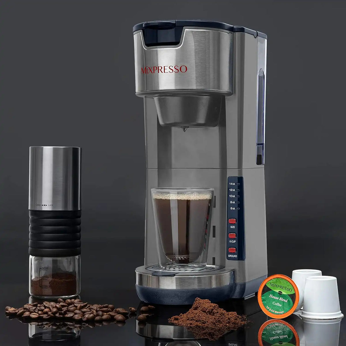 Mixpresso Gray Single Serve Coffee Brewer K-Cup Pods Compatible & Ground