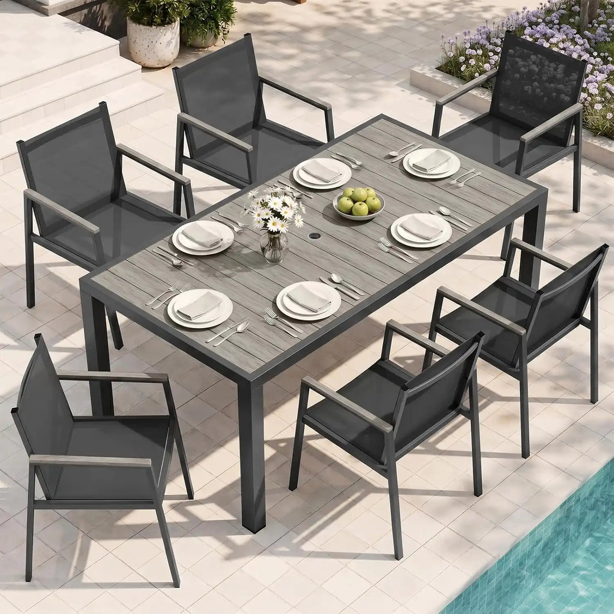 Outdoor Dining Table, Aluminum Patio Table Set, All Weather Patio Dining Furniture Set with Umbrella Hole for Backyard, Deck, Poolside (Gray)
