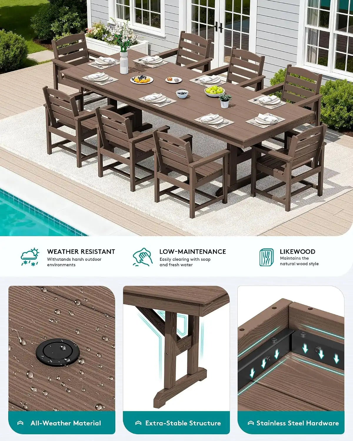 SERWALL 9Pcs 84" HDPE Outdoor Dining Set for 8 with Armchairs,Brown