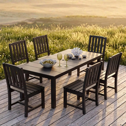 Perli™ 7-Piece Outdoor Dining Set, All-Weather HDPE Patio Table and 6 Chairs with Umbrella Hole, UV-Resistant Composite Wood Dining Furniture for Deck, Backyard, Poolside, Black