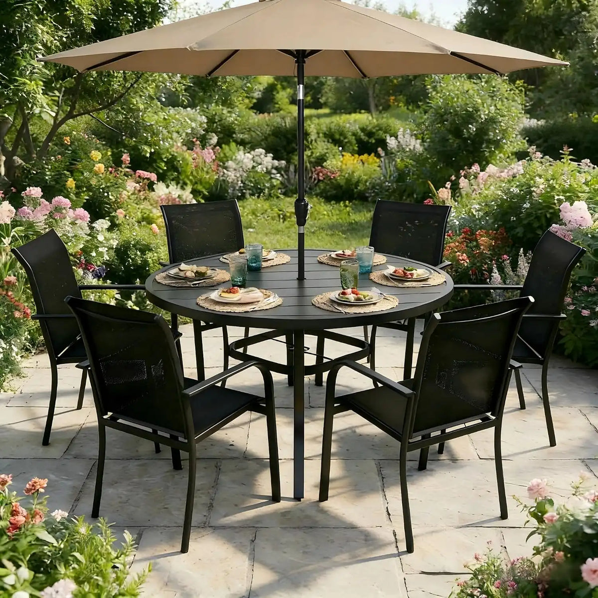 SUNCROWN 8 - Piece Outdoor Dining Set, Patio Furniture Set with 6 Textilene Dinning Chairs, 53" Metal Round Table and 1 Brown 9Ft Patio Umbrella for Lawn Garden Backyard Deck, Black