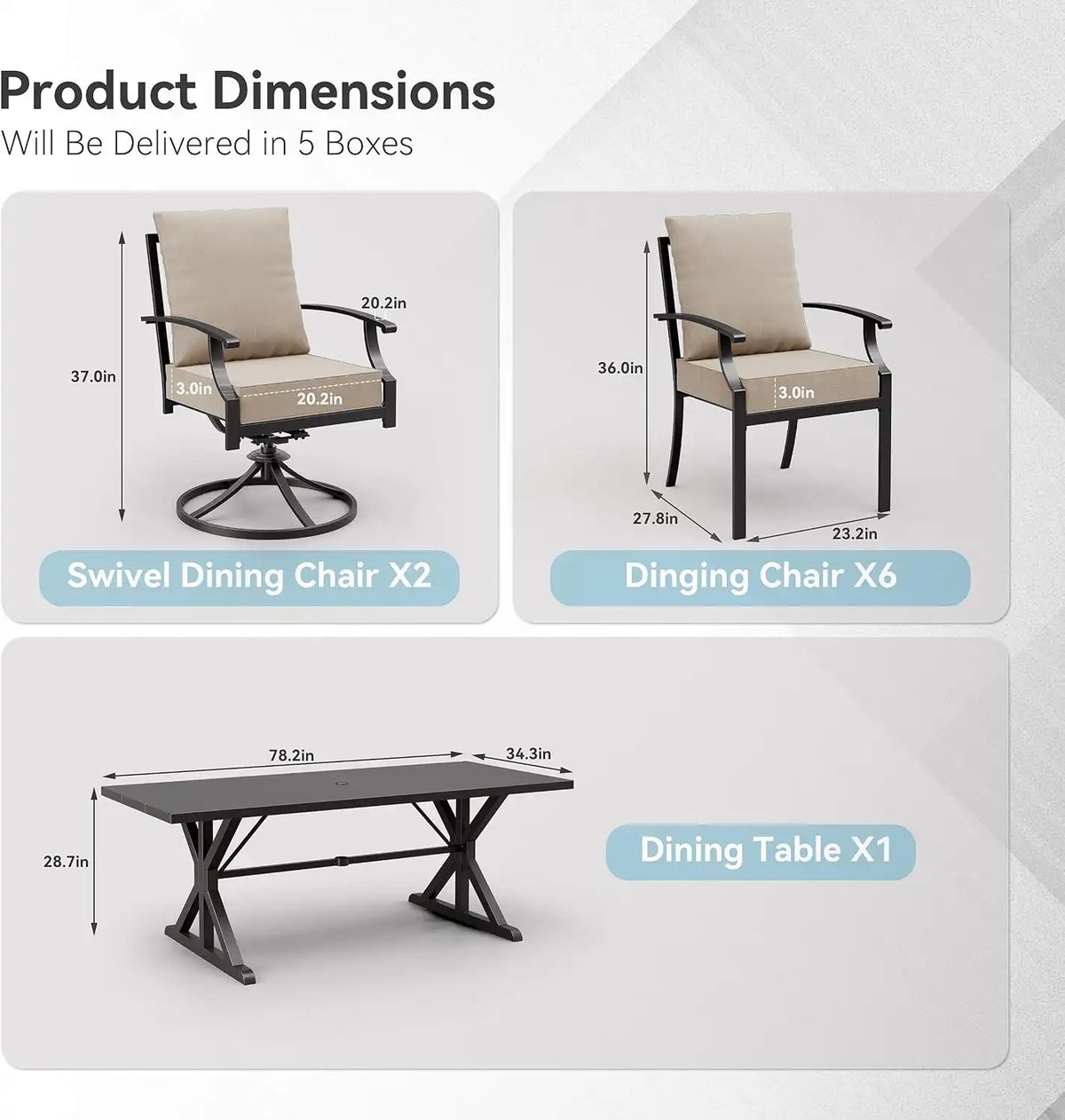 ALAULM 9-Piece Patio Dining Set,Outdoor Metal Dining Set with 2 Swivel Chairs & Rectangle Table with 1.5 Umbrella Hole, Patio Dining Table and Chairs for Backyard,Sand
