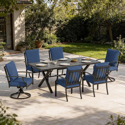 7 PCS Outdoor Patio Dining Set,Patio Table and Chairs Metal Outdoor Patio Furniture Set with Umbrella Hole,Dining Table Set with Swivel Chairs for Deck,Backyard and Garden,Navy Blue