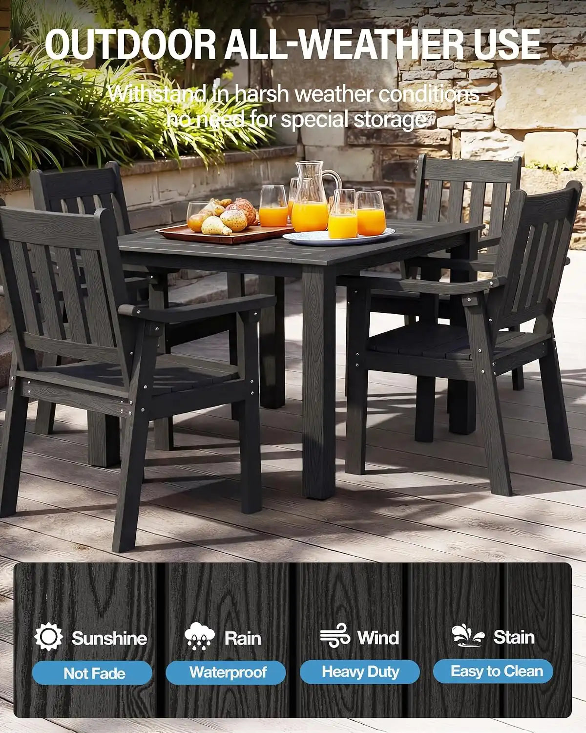 YEFU Patio Table Set for 4, All-Weather HIPS, Metal Aluminum Frame, Black