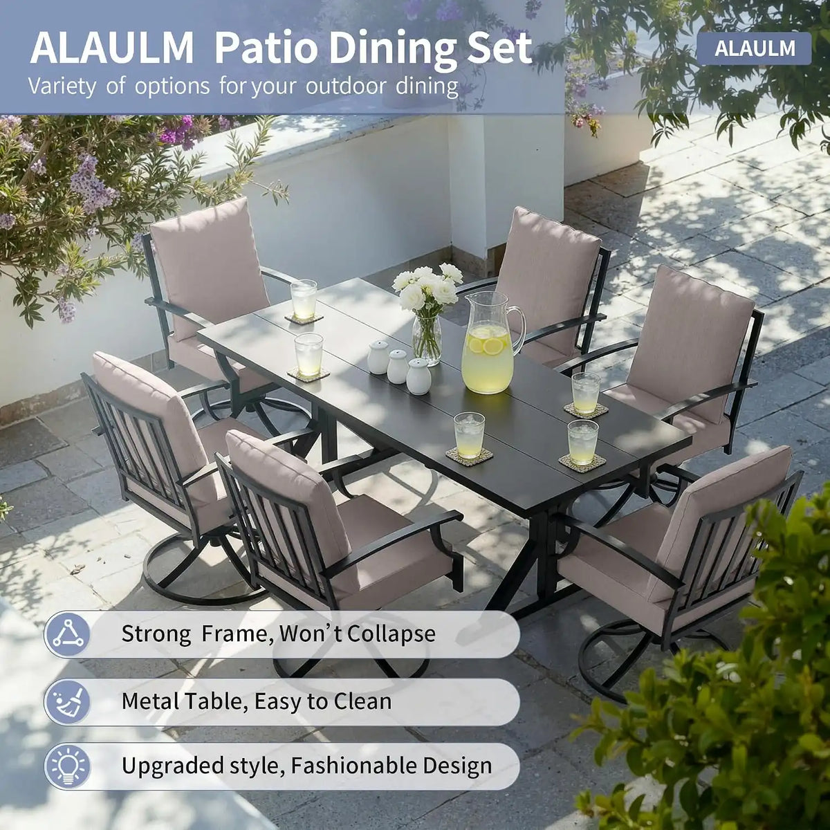 ALAULM 7-Piece Patio Dining Set,Outdoor Metal Dining Set with 6 Swivel Chairs & Rectangle Table with 1.5 Umbrella Hole, Patio Dining Table and Chairs for Backyard, Sand