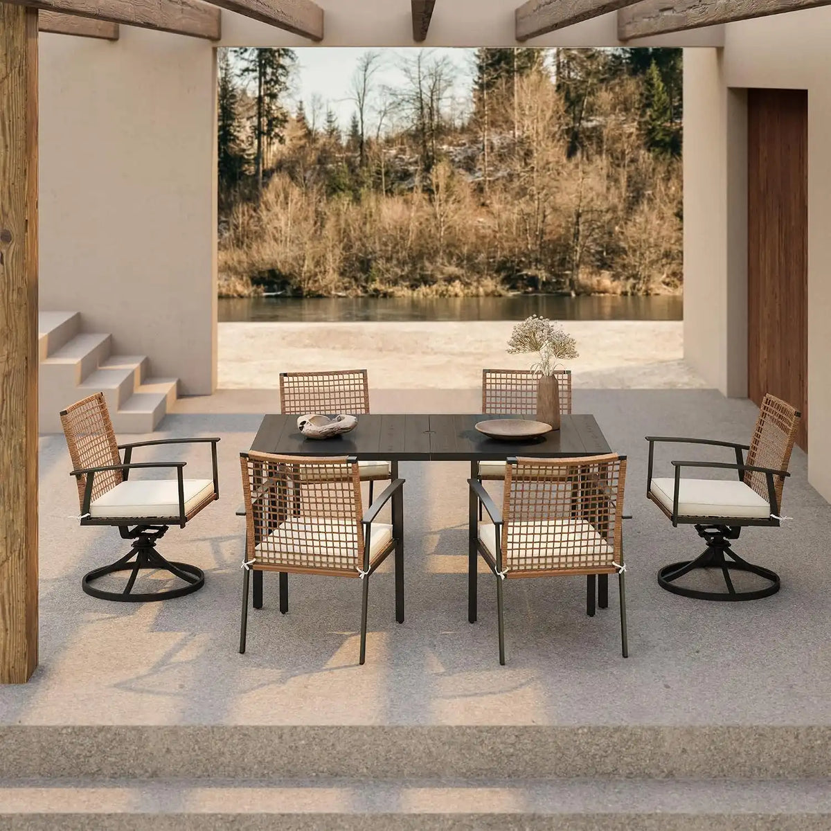 LAUSAINT HOME 7 Pieces Patio Dining Set, Outdoor Furniture Set of 6 Wicker Chairs (2 of Them Swivel) with Soft Cushion and Iron Slats Table Top with Umbrella Hole, Conversation Set for Backyard