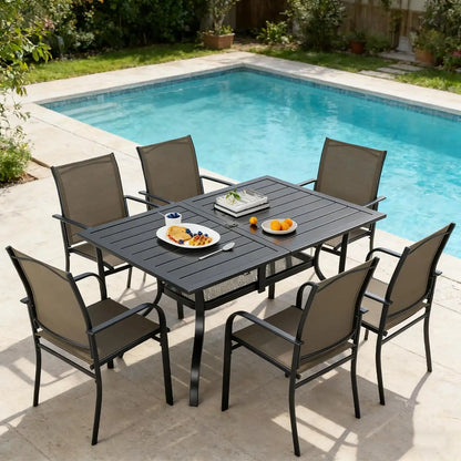 SUNCROWN 7 - Piece Outdoor Dining Set, Patio Furniture Set with 6 x Textilene Dinning Chairs and 1 Steel Slat Metal Bistro Table for Lawn Garden Backyard Deck, Brown