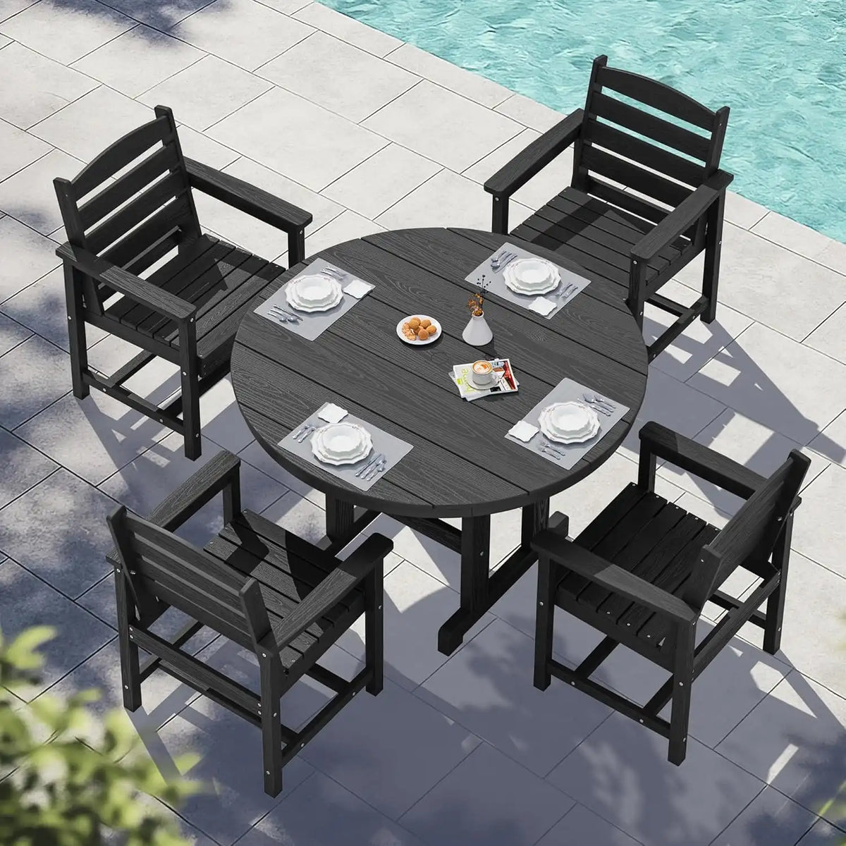 SERWALL 5-Piece HDPE Round Dining Set, 45" Table, 4 Chairs, Black