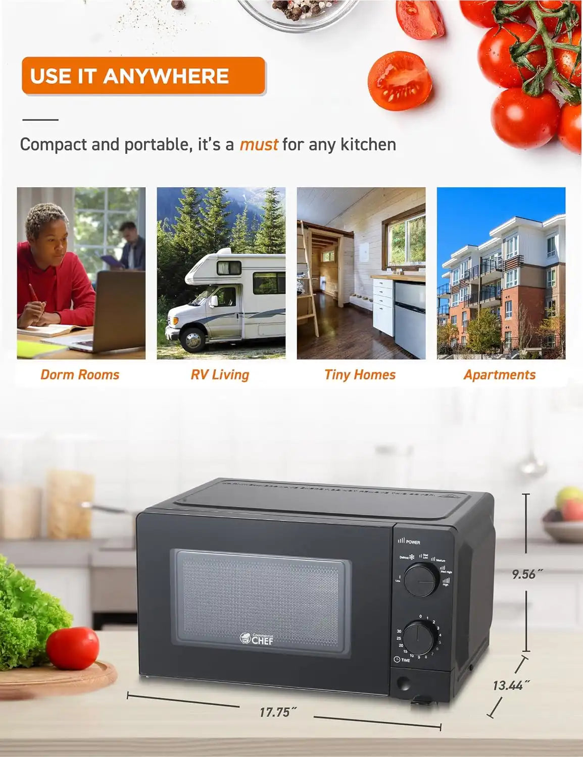 Commercial Chef 0.6 Cu. Ft. Countertop Microwave Oven, CHM660B, Black