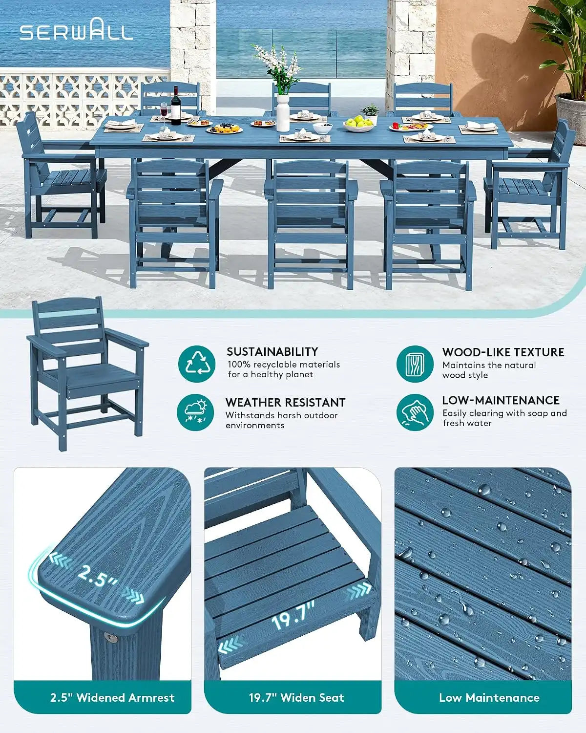 SERWALL 9Pcs 84" HDPE Outdoor Dining Set for 8 with Armchairs,Blue