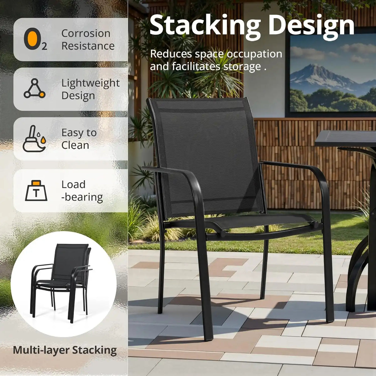 SUNCROWN 8 - Piece Outdoor Dining Set, Patio Furniture Set with 6 Textilene Dinning Chairs, 53" Metal Round Table and 1 Sky Blue 9Ft Patio Umbrella for Lawn Garden Backyard Deck, Black