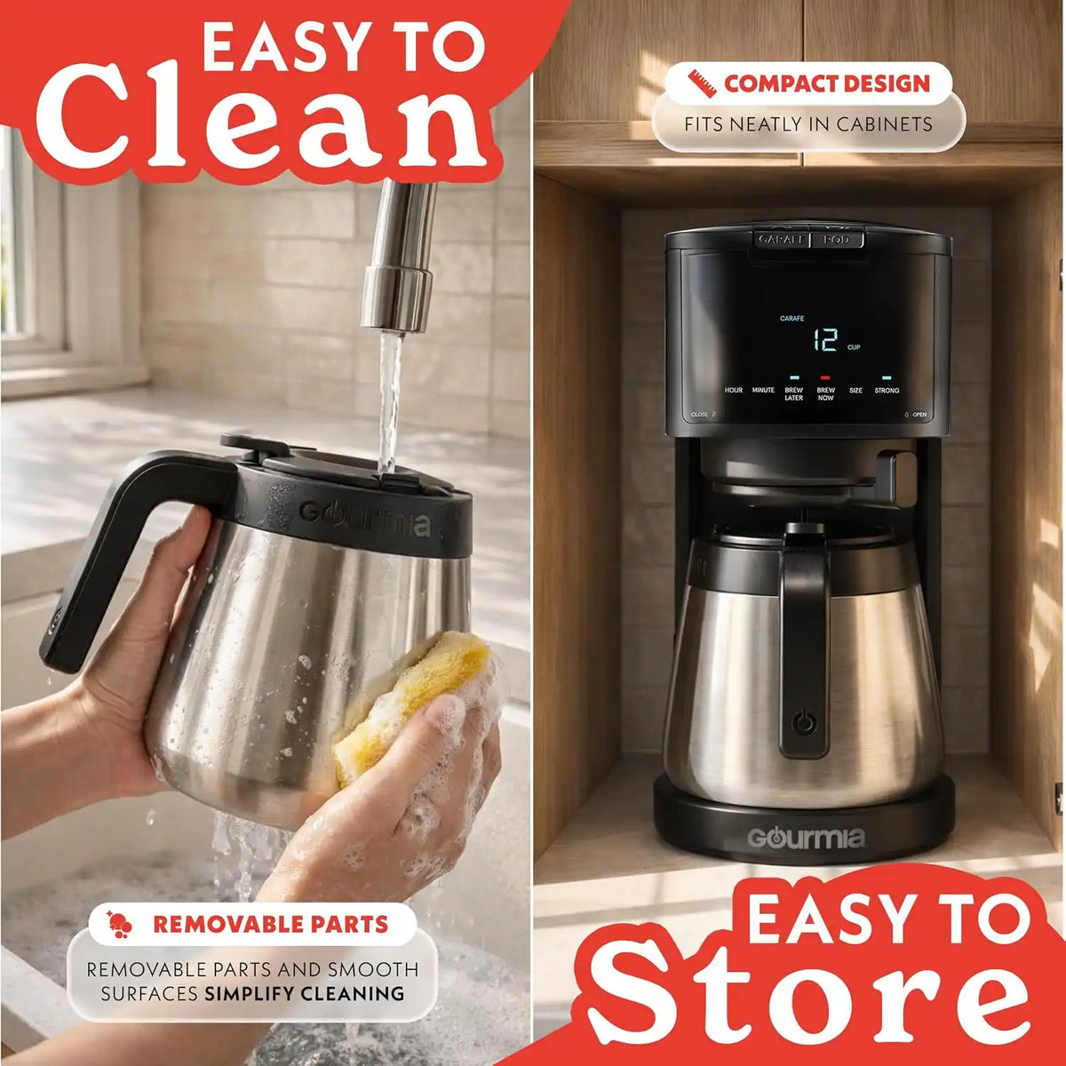Gourmia Coffee Maker - 12-Cup & Single Serve, Thermal Carafe, Black