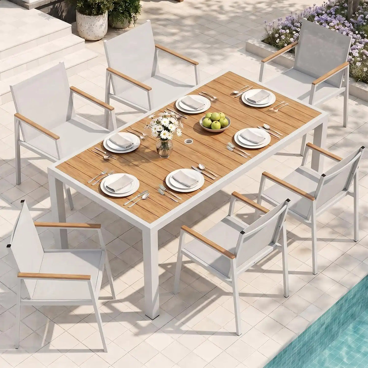 Outdoor Dining Set, 7 Piece Aluminum Patio Table and Chairs Set, All Weather Patio Dining Furniture Set with Umbrella Hole for Backyard, Deck, Poolside (White-Teak)