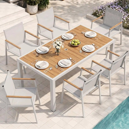 Outdoor Dining Set, 7 Piece Aluminum Patio Table and Chairs Set, All Weather Patio Dining Furniture Set with Umbrella Hole for Backyard, Deck, Poolside (White-Teak)