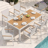 Outdoor Dining Set, 7 Piece Aluminum Patio Table and Chairs Set, All Weather Patio Dining Furniture Set with Umbrella Hole for Backyard, Deck, Poolside (White-Teak)