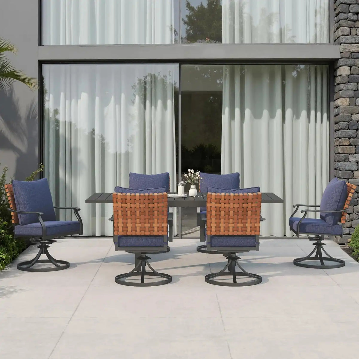 Grand patio 7-Pc Outdoor Swivel Dining Set, 6 Blue Chairs + Table, Black