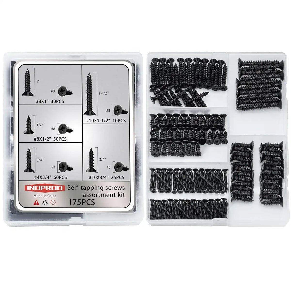 #4#8#10 Wood Screws Assortment Kit 175pcs, Phillips Flat Head Self Tapping Screws, Black Zinc Plated, Carbon Steel, Assorted Screws for Metal & Wood, Black Wood Screws - 1/2",3/4",1",1-1/2"