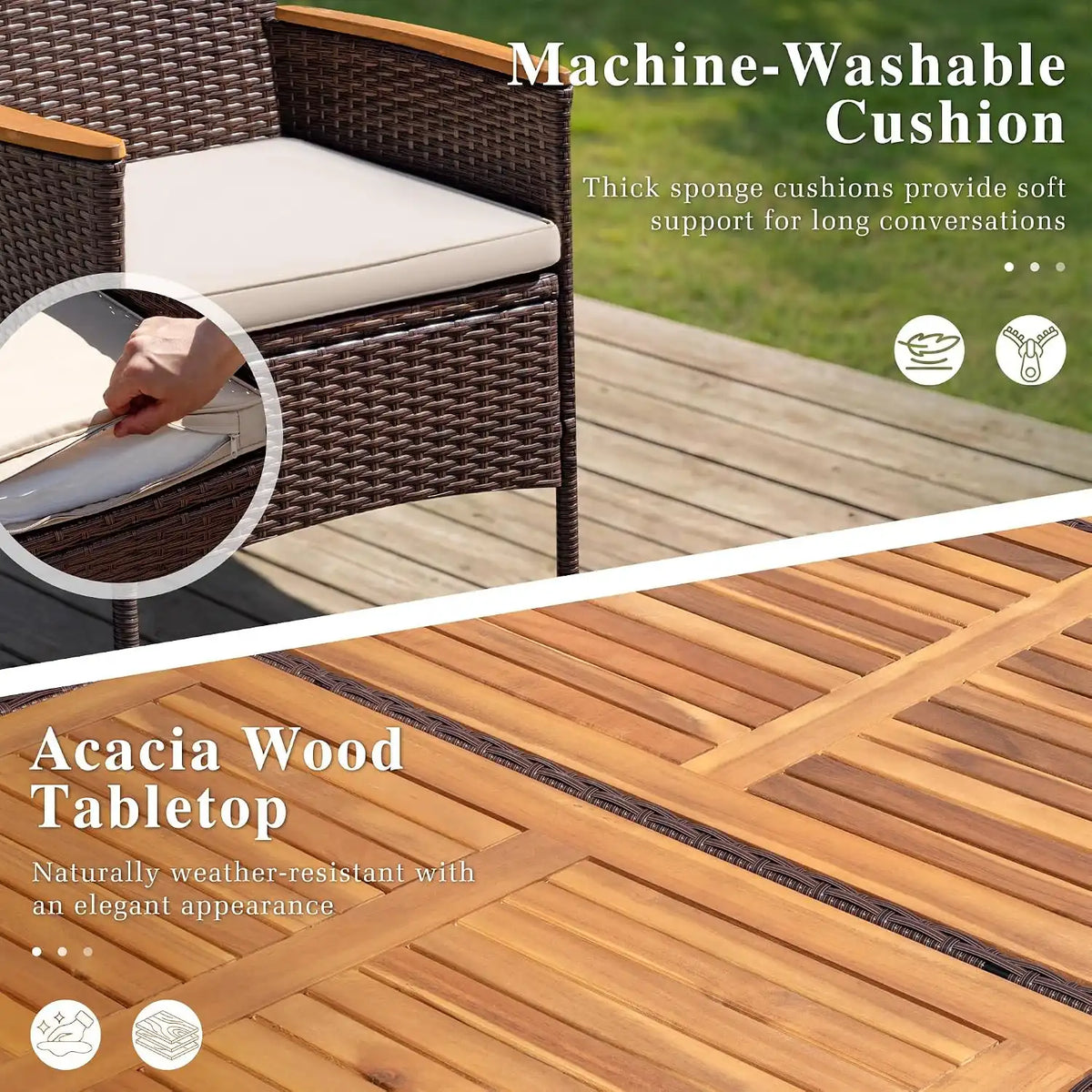 Devoko 9 PCS Acacia Wood Patio Dining Set, Brown Rattan