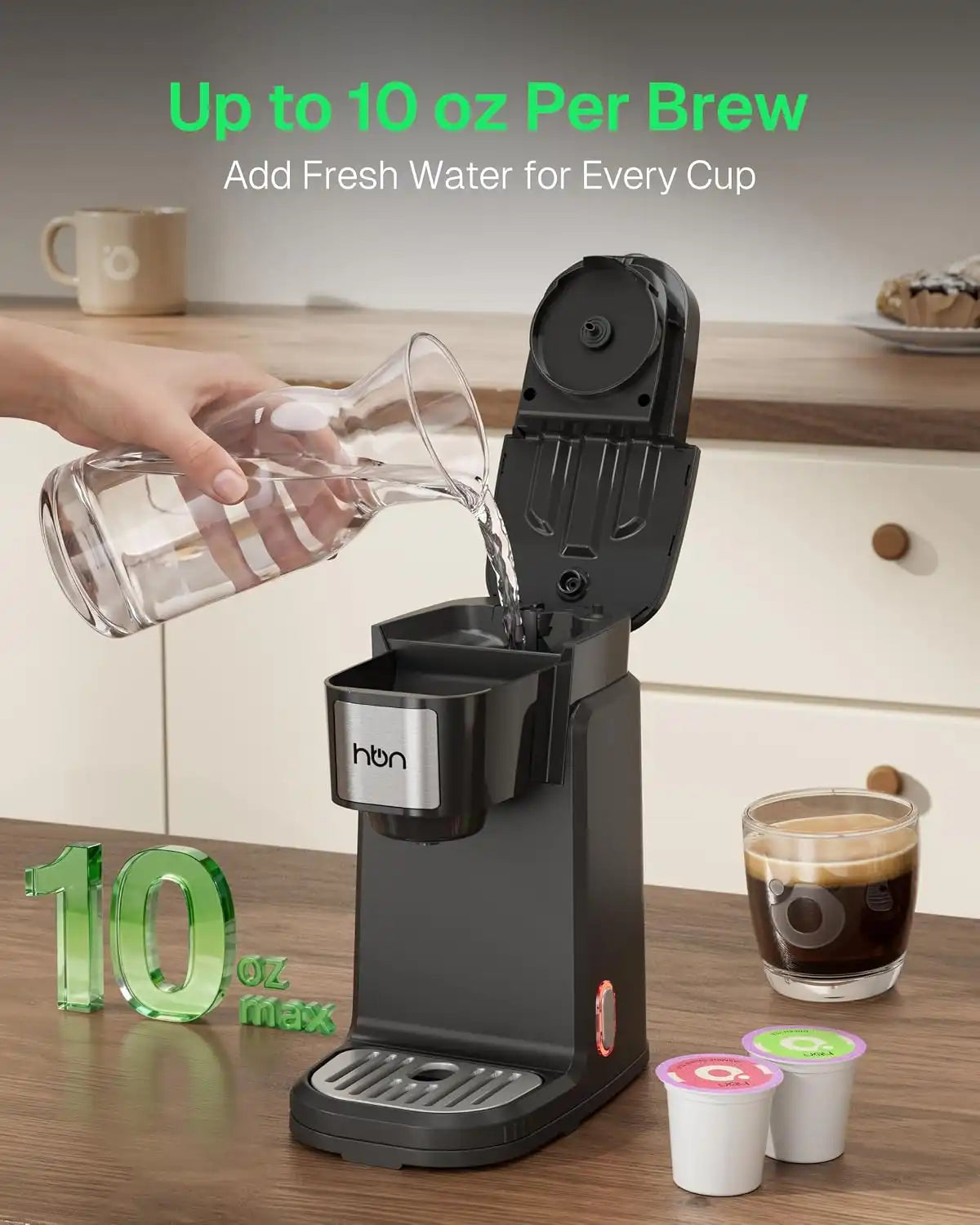 HBN Single Serve Coffee Maker for K-Cup & Ground Coffee, Fast Brew One Cup Coffee & Tea Machine with 10oz Stainless Steel Tank, Compact Design Capsule Coffee Machine, Black
