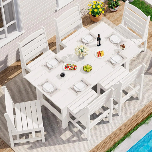SERWALL Armless Outdoor Dining Set, Patio Dining Set for 6, White