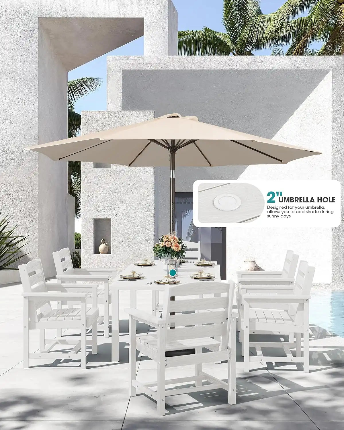 SERWALL 60" - 83" Expandable Outdoor Dining Table and 6 HDPE Chairs, White