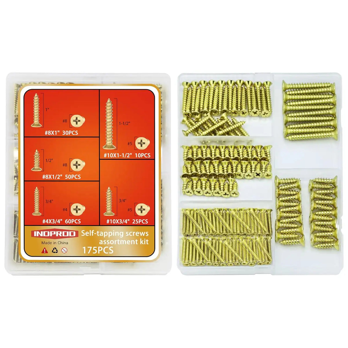 Brass Plated Wood Screw Assortment Kit, Phillips Flat Head Drywall Screws, #4#8#10 Self Tapping Wood Screws, Interior Construction Screws, Carbon Steel, for Indoor & Outdoor Use, 175 Pcs