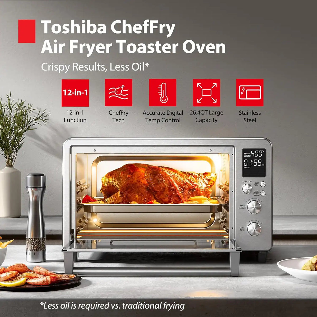 TOSHIBA ChefFry Air Fryer Toaster Oven Combo, 26.4-Quart, Stainless Steel