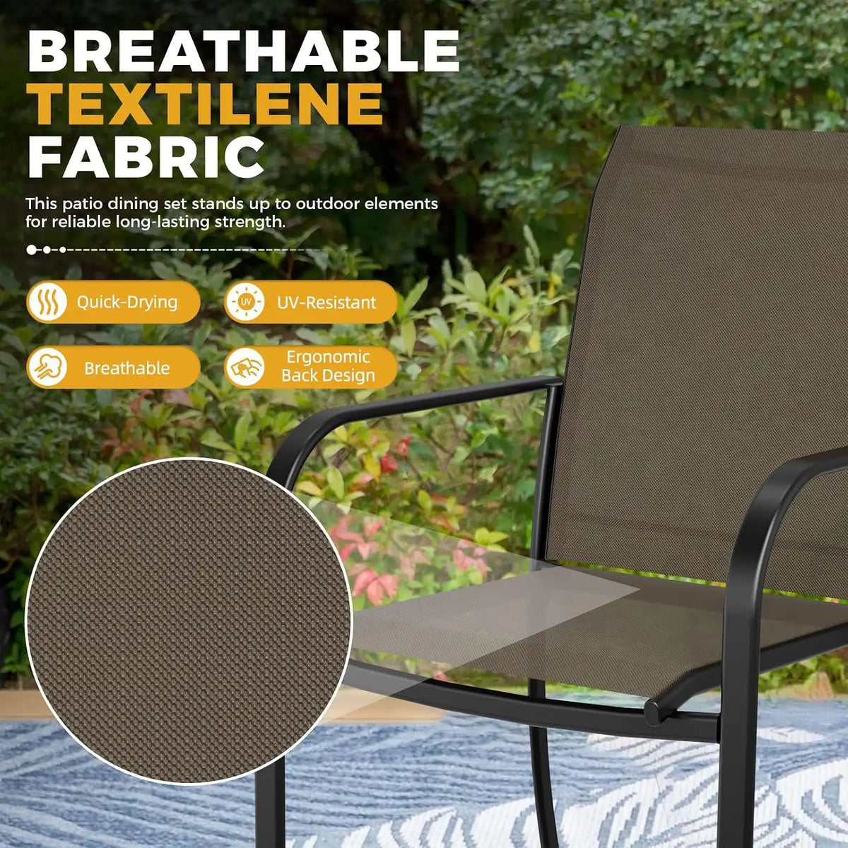 SUNCROWN 8 - Piece Outdoor Dining Set, Patio Furniture Set with 6 Textilene Dinning Chairs, 1 Rectangle Metal Table and 1 Dark Blue 9Ft Patio Umbrella for Lawn Garden Backyard Deck, Brown