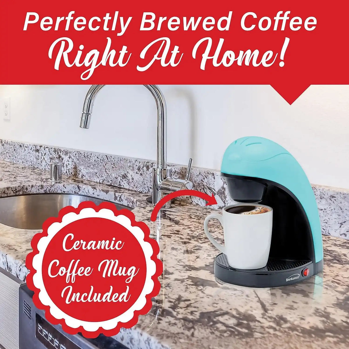 Brentwood TS-112BL Single-Serve Coffee Maker with Mug (Blue)