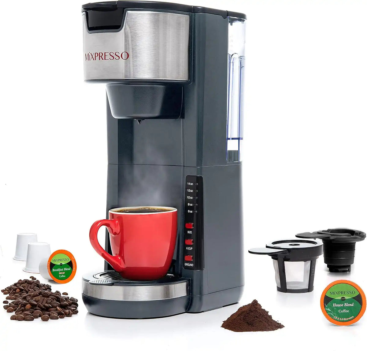 Mixpresso Gray Single Serve Coffee Brewer K-Cup Pods Compatible & Ground