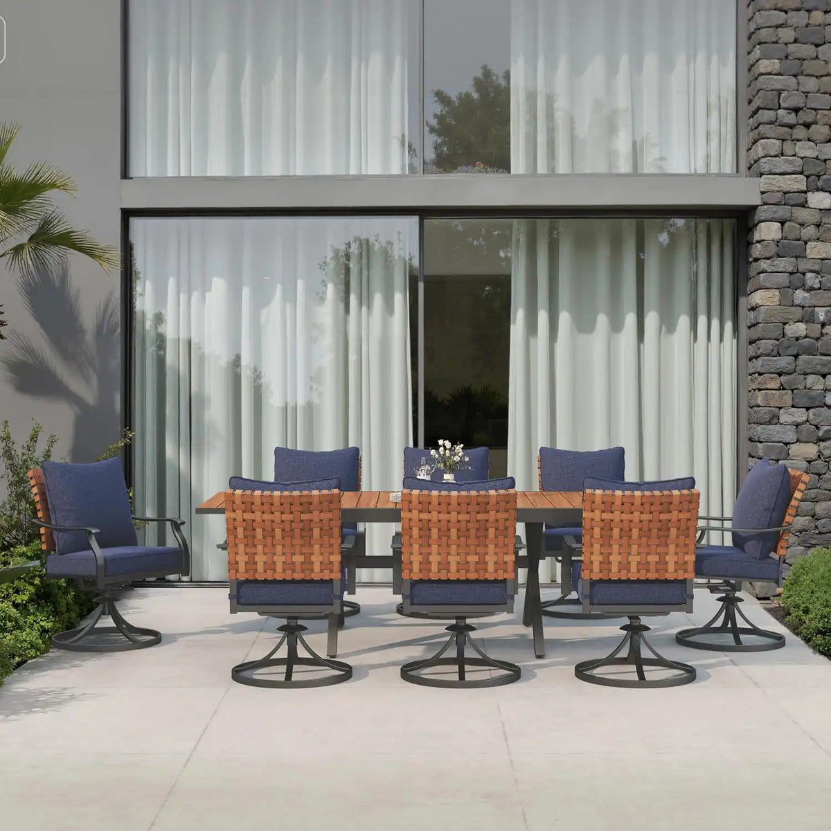 Grand patio 9-Pc Outdoor Swivel Dining Set, 8 Blue Chairs + Table, Brown