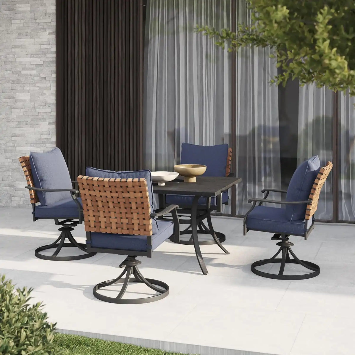 Grand patio 5-Pc Outdoor Swivel Dining Set, 4 Blue Chairs + Table, Black